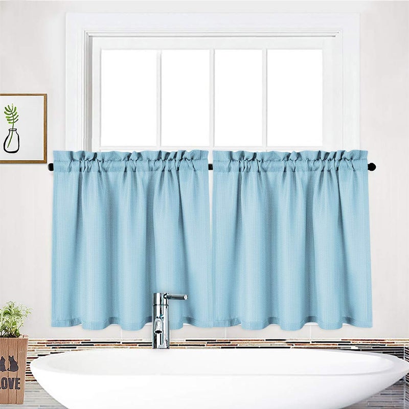 NANAN Kitchen Tiers Cafe Curtain, Waffle Waterproof Bathroom Window Curtain, Casual Waffle Weave Textured Half Window Covering Short Curtains for Bathroom - 30" x 30", Dusty Blue, Set of 2 - Image 1